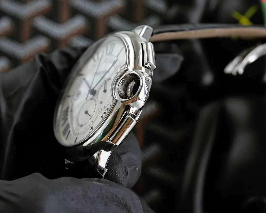 Cartier Ballon Bleu Silver Dial Black Leather Watch - Hình 3