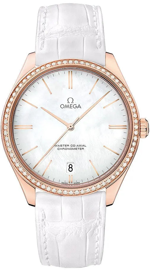 Omega Rose Gold Diamond White Leather