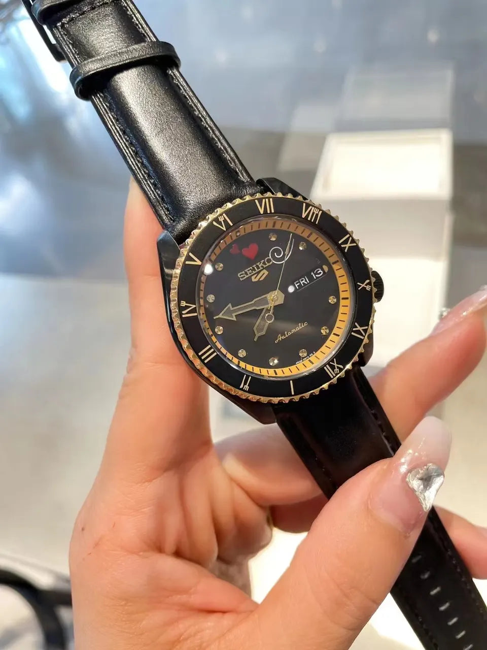 Seiko Black Leather Automatic Watch - Hình 3